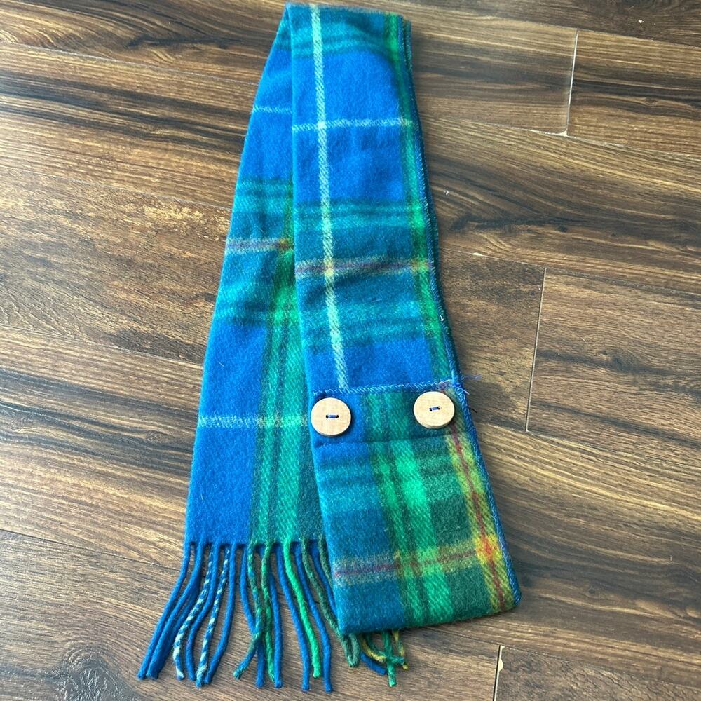 Patrick King Merino Wool Scarf Blue Plaid Fringe Buttons Pocket Tartan Scottish